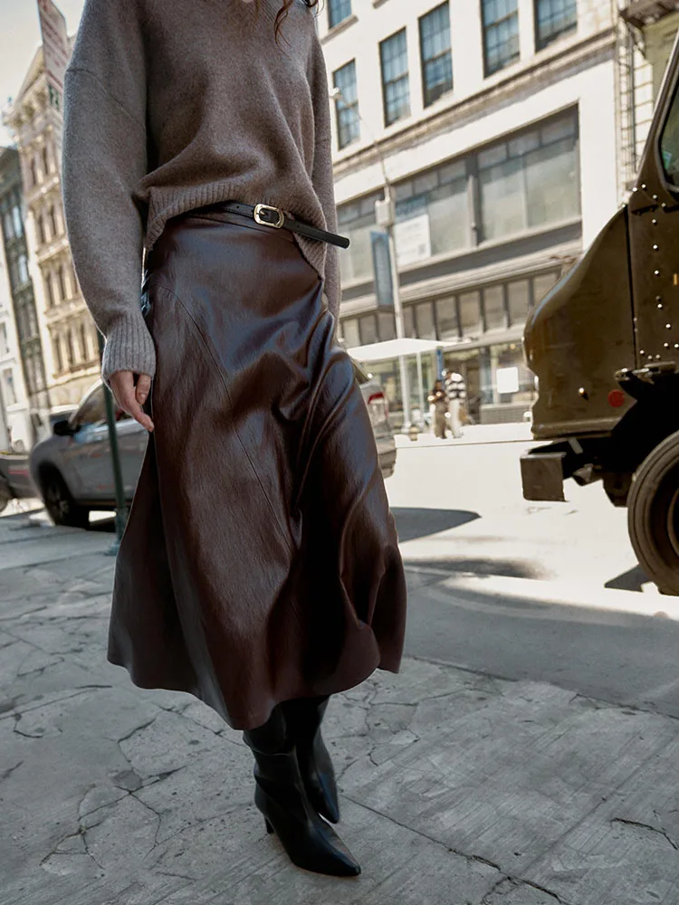 خريف جديد المرأة تأثير الجلود عادية مربوط ميدي تنورة تنوعا عالية الخصر الترفيه Faion السيدات العرقية زي