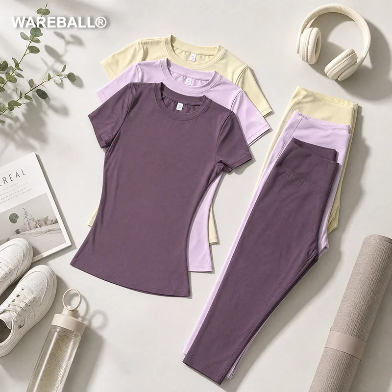 WAREBALL Quick Dry Sports Gym Sets Women Short Sleeve Top Leggings Fitness Set Workout Running Sports Capri Pants Suit