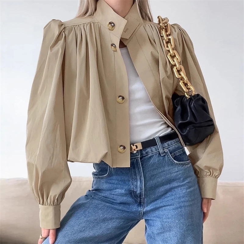 

Casual Short Jackets Women Loose Chic Pleated Lantern Sleeve Stand Collar Single Breasted Coats Female 2025 Autumn Solid Outwear