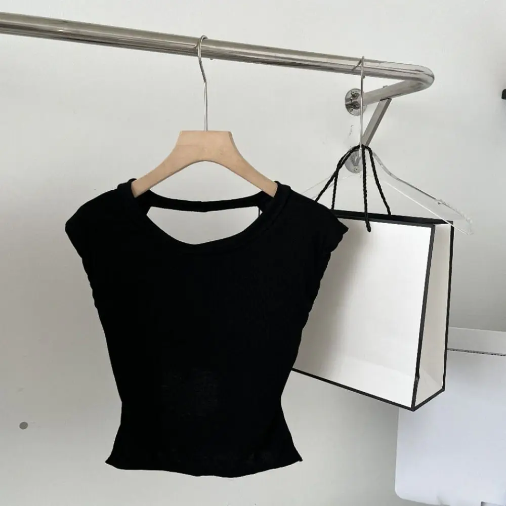 Fashion Chic Backless Slim Crop Top Cross Band O Neck Short Sleeve Vest Summer Undershirt Solid T Shirts Streetwear