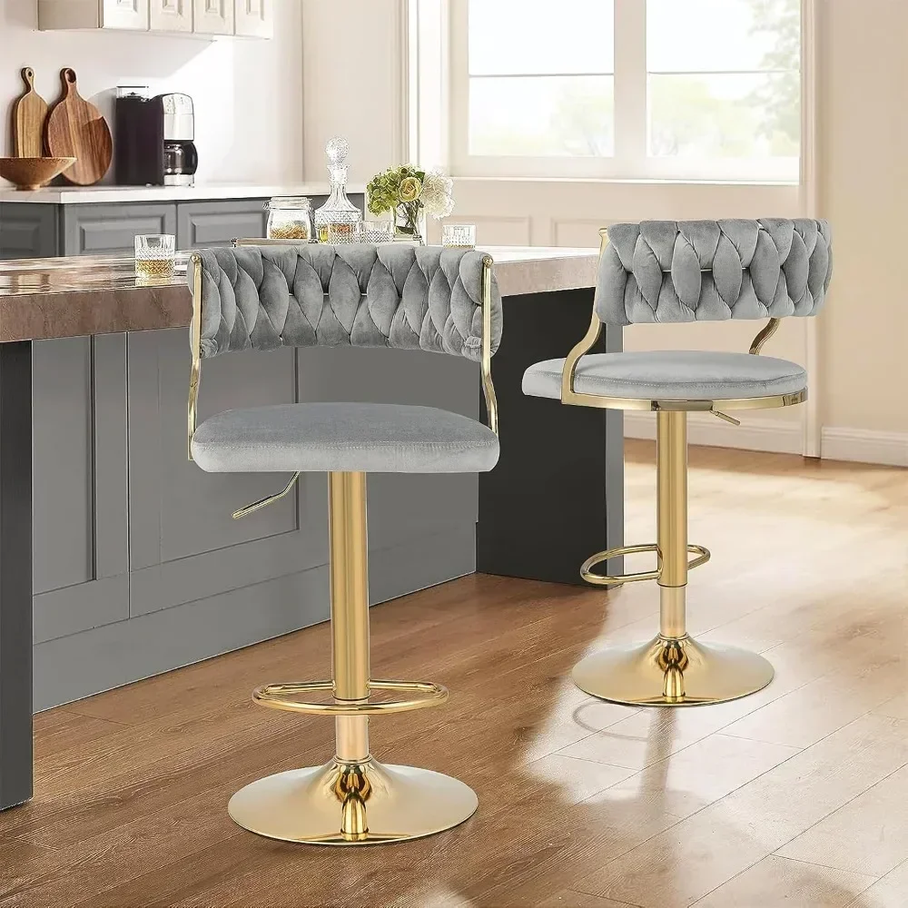 Velvet Adjustable Bar Stools, Max Load 400 Lbs, Modern Upholstered Swivel Barstools with Woven Back（Set Of 4）