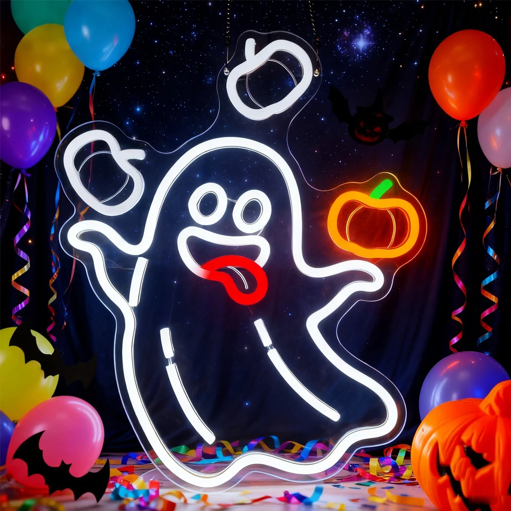 Animated Ghost Pumpkin Neon Sign, Halloween LED Window Light for Horror Party, Bar, Man Cave, Perfect Halloween Wall Decor Light