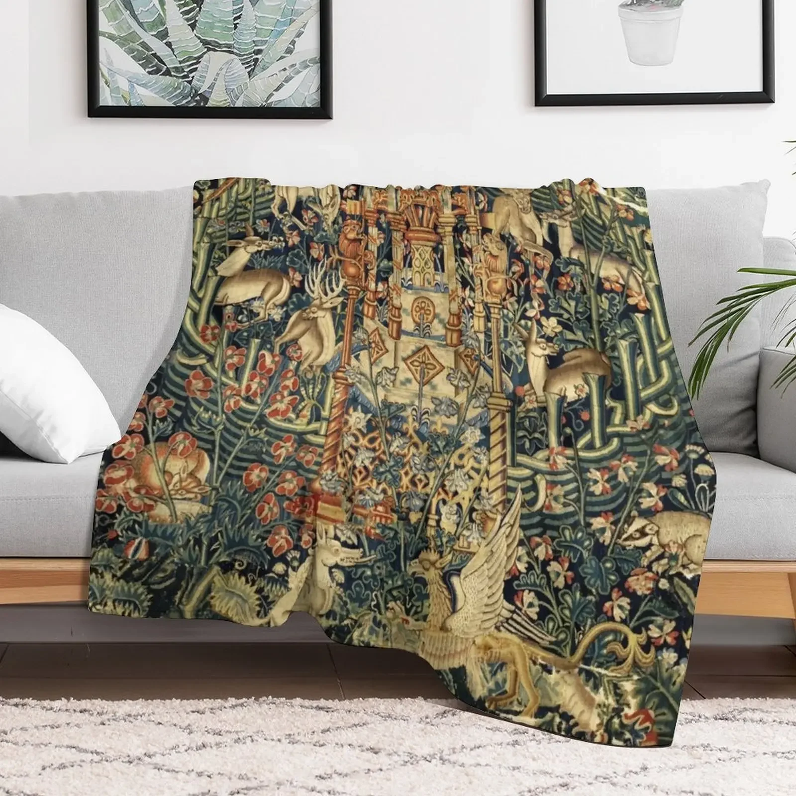 SOURCE OF LIFE Verdure with Forest Animals in Private Garden, Floral Medieval Tapesty Throw Blanket warm winter Blankets