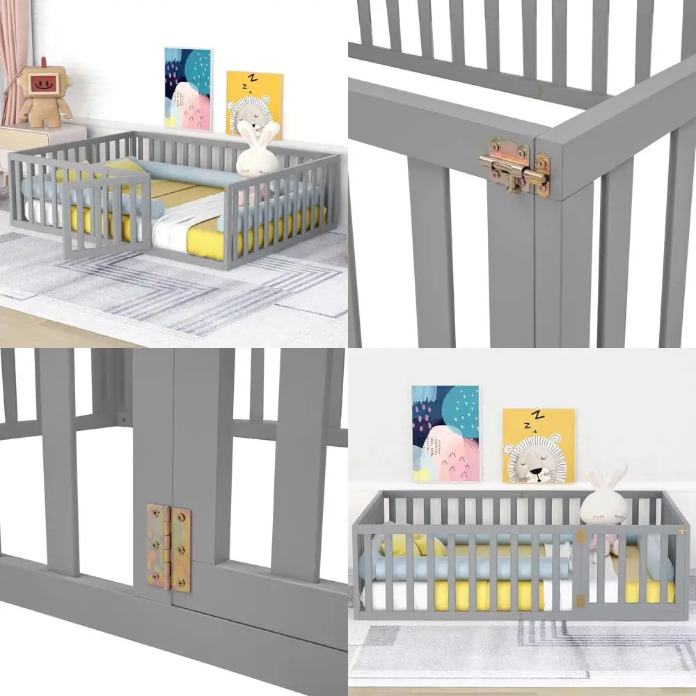 Montessori Floor Bed Frame with High Safety Fence and Door, Full-Size for Children, Suitable for Girls and Boys, Simple Assembly