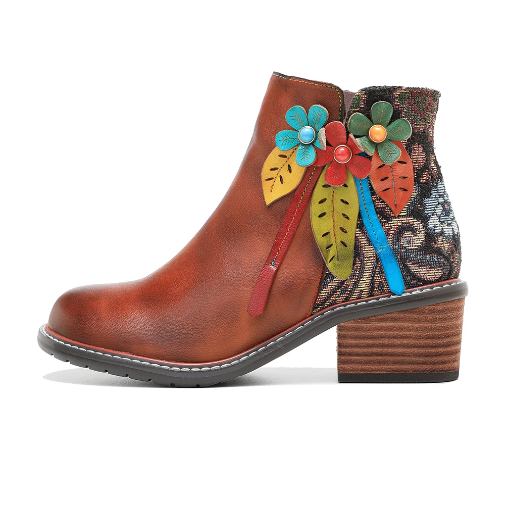 Three-Dimensional Floral Retro Casual Comfortable Thick Heel Lady Short Boot Shoes Genuine Leather Hand-Painted Women Ankle Boot