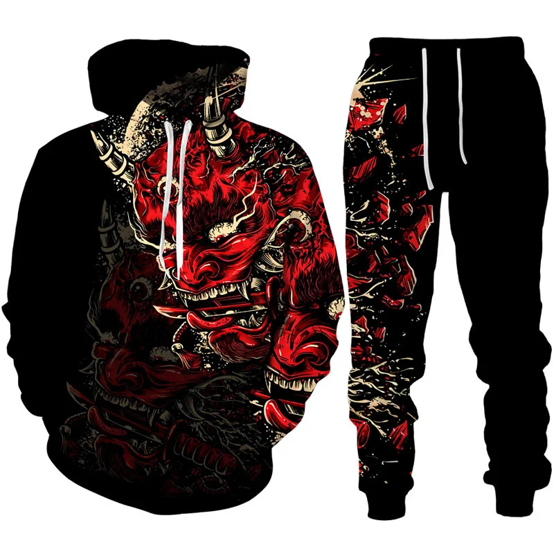 Cool Samurai Oni Mask Tattoo Art 3D Print Tracksuit Sets Casual Hoodie + Pants 2pcs Sets Fashion Man Woman Harajuku Streetwear