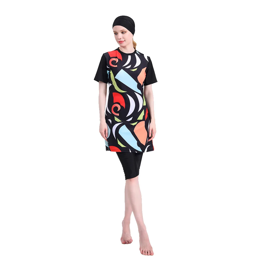 Three-Piece Bathing Suit for Muslim Women, Geometric Print Swimwear, Short Sleeve, High Stretch Beachwear, New Burkini