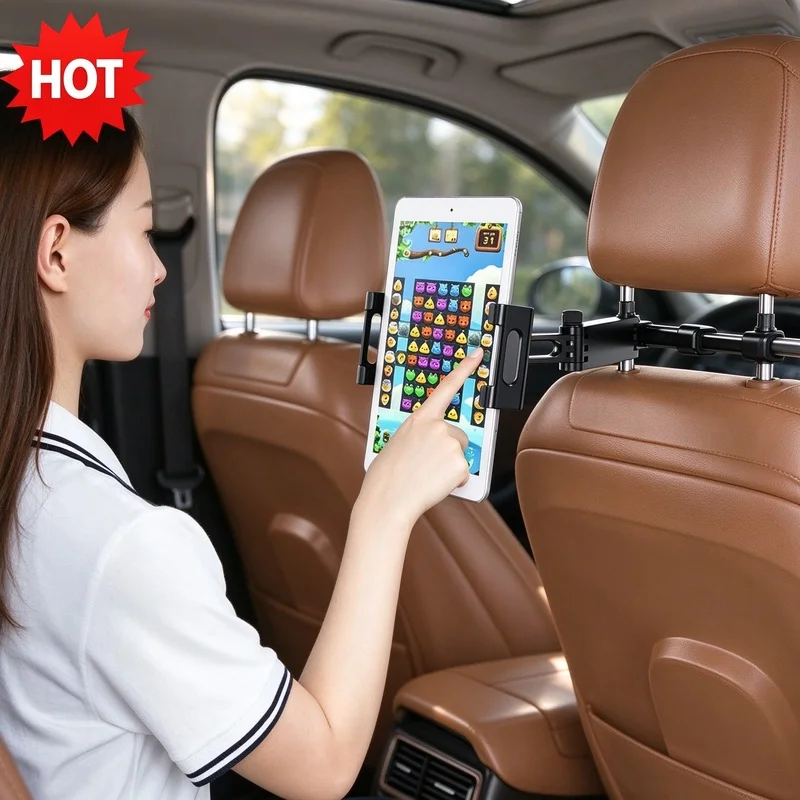 Car Headrest Tablet Mount Holder, Universal Cradle Fits 4.7‑12.9 Inch, Adjustable Stand for Tablets & Cell Phones, Backseat Ente