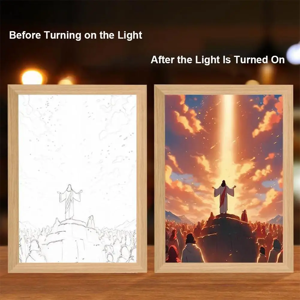 Miraclelamp - 4D LED inspirerende Jezus schilderij, Jezus nachtlampje, houten huis desktop decoratief licht, verjaardag christelijke geschenken