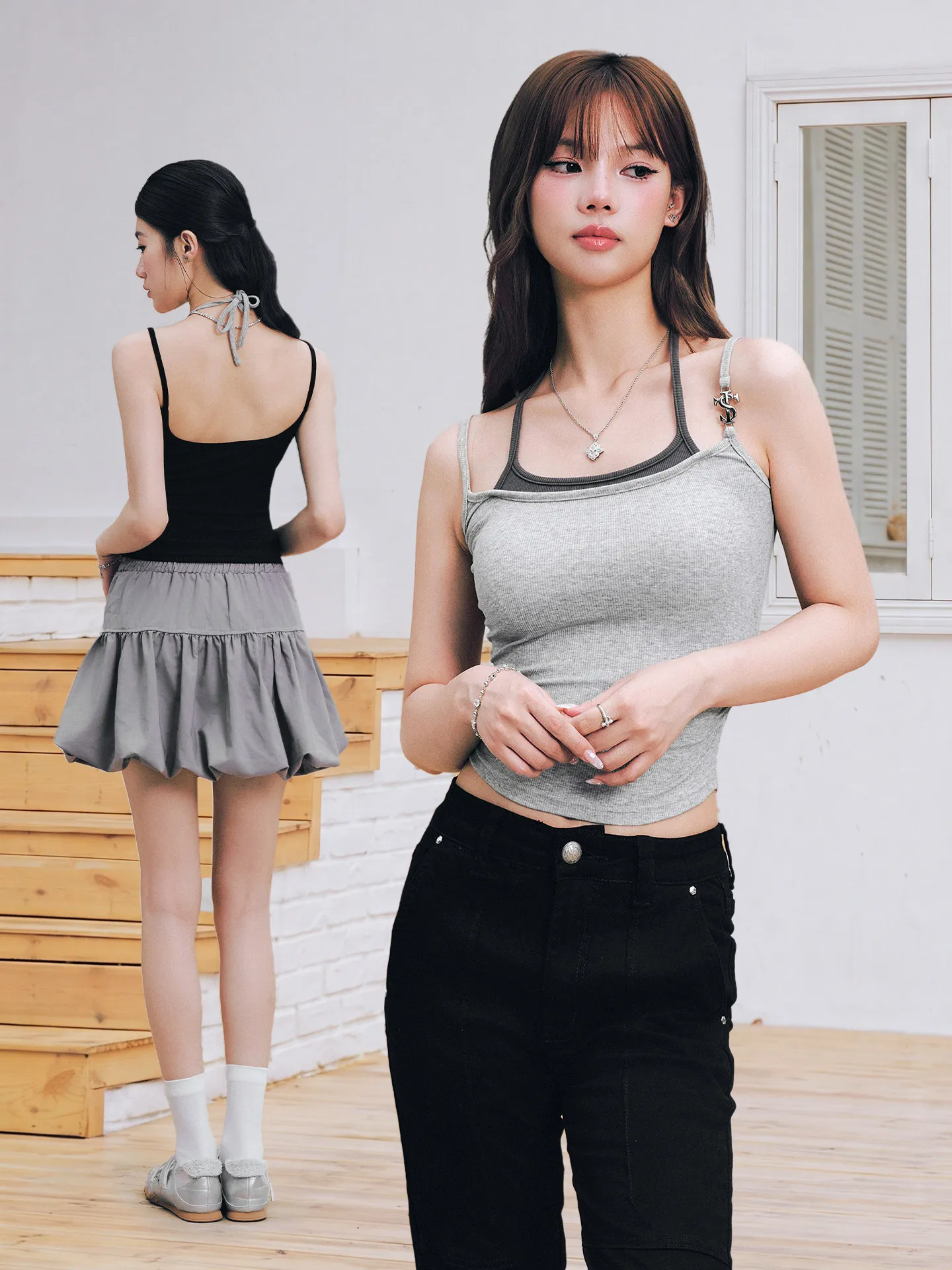 STK SmallTownKid Metal Stripe American Style Hot Girl Contrast Color Slim Fit Neck Hanging Vest Women's Short Knitted Tank Top