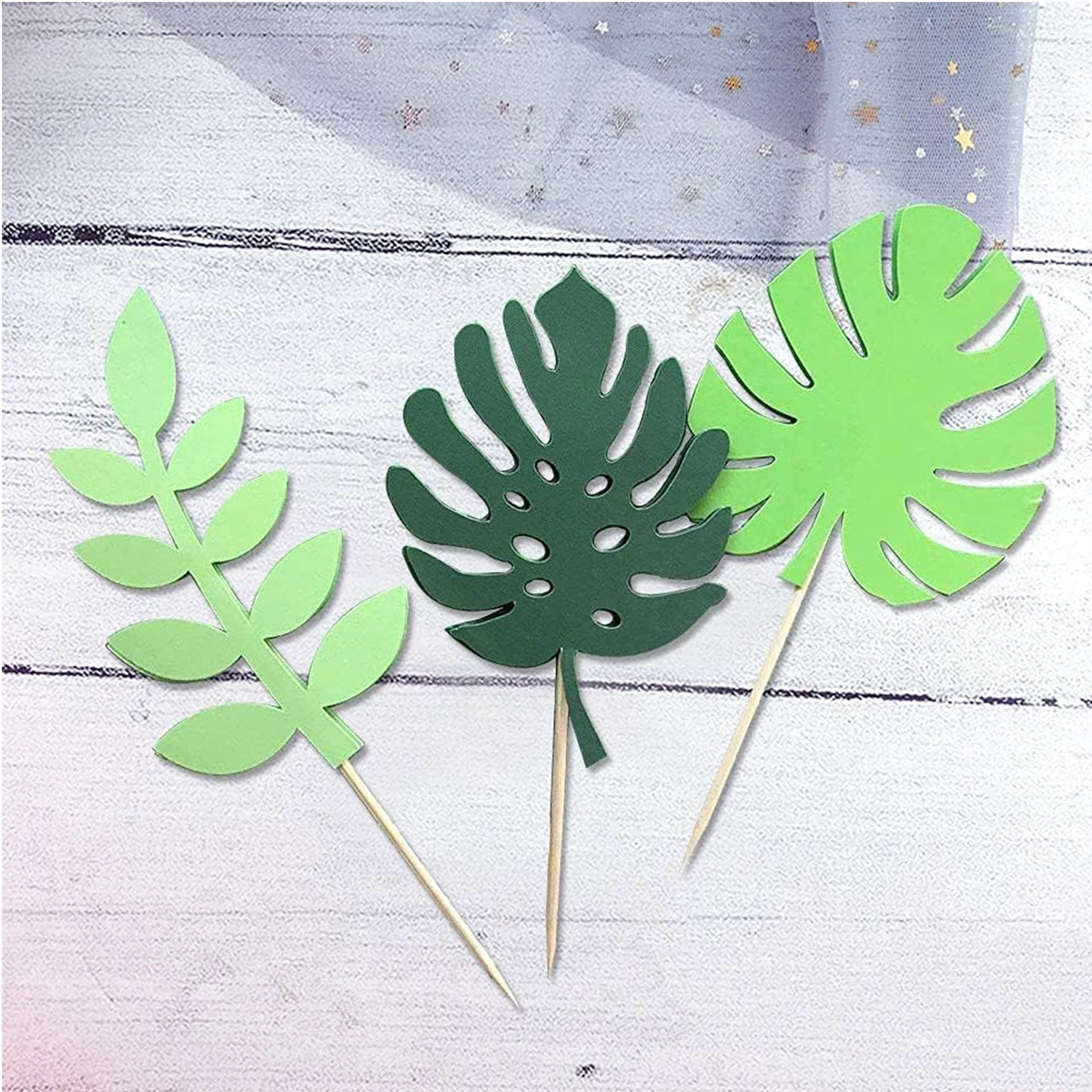 7Pcs Glittery Tropical Leaves Cake Topper Palm Leaf Cake Topper for Jungle Theme Birthday Party Decor Safari Baby Shower Decor