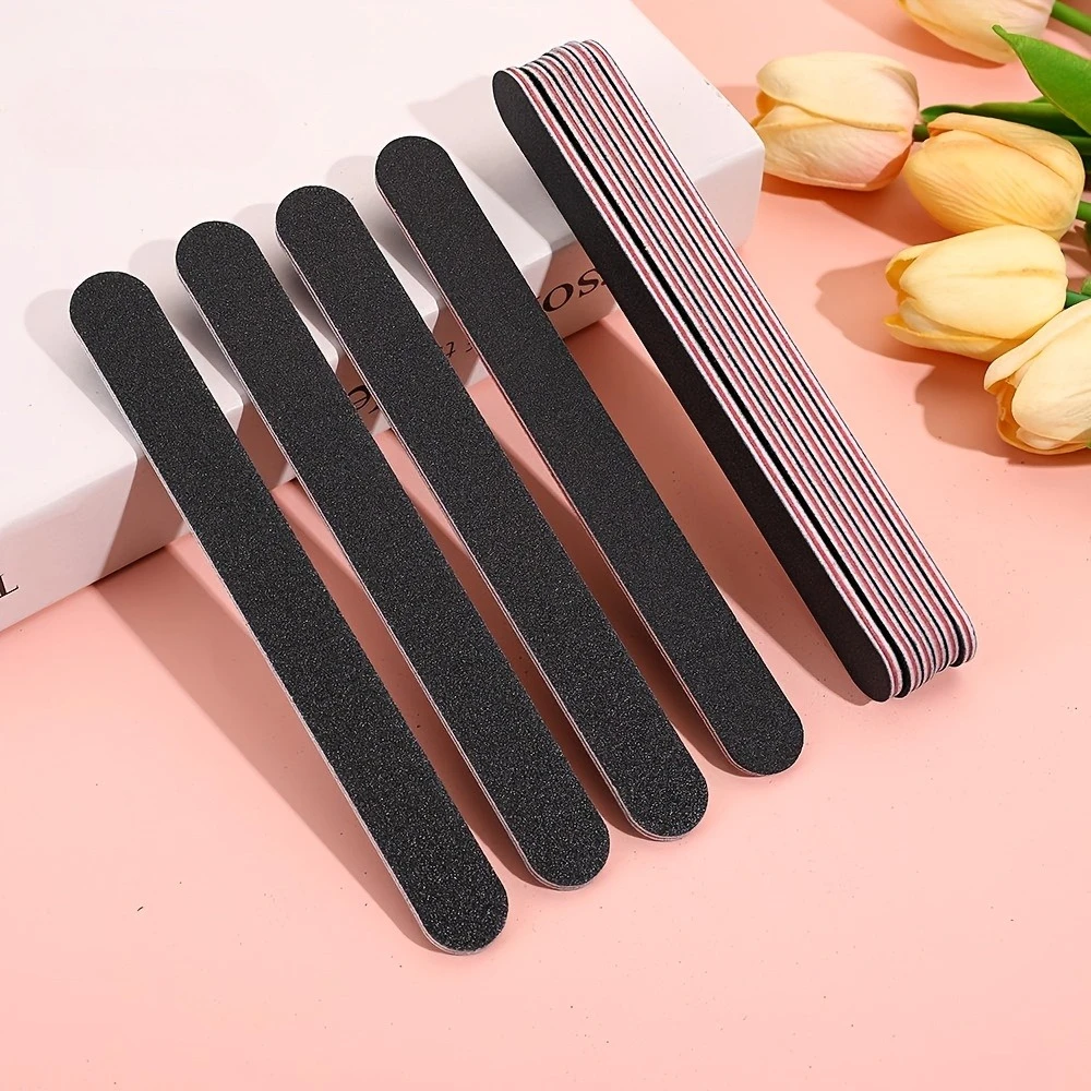 10pcs Double-Sided Grit Nail Files - Black Manicure Pedicure Tools with Red & White Stripes, Unscented Nail Buffing Tools