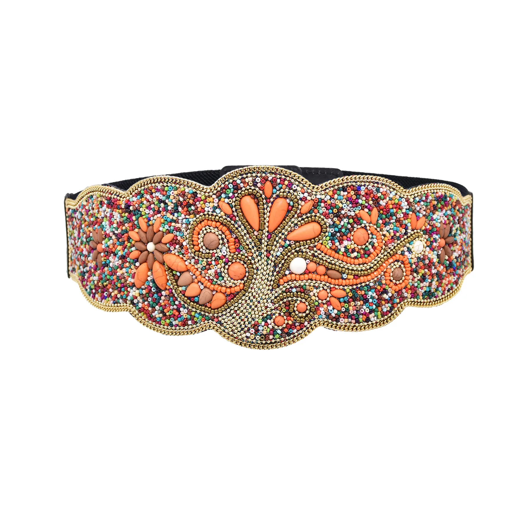 Retro Colored Rice Bead Belt Wide Waist Ornaments for Women Ethnic Wind Hand-made Turquoise Waist Cover Party Daily Accessories