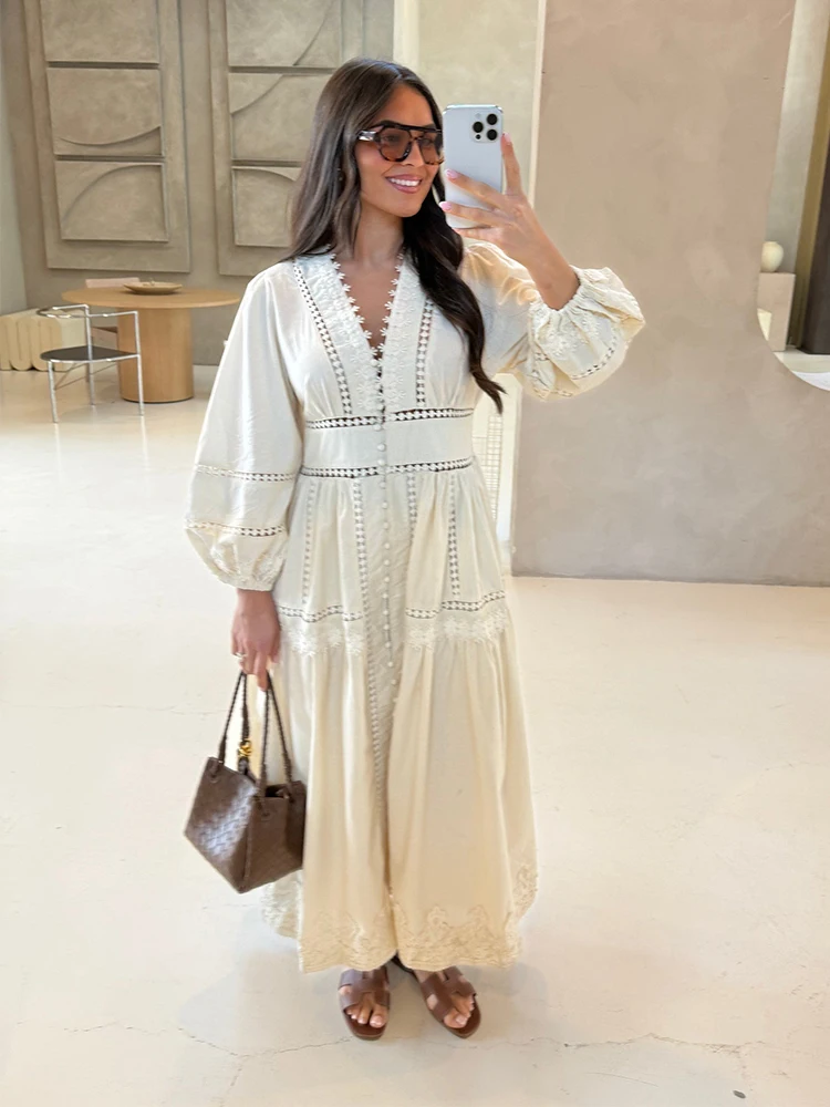 Elegante witte jurken met holle borduursels, lange jurken voor dames, V-hals, pofmouwen, losse maxi-jurk, lente 2026, casual, effen, feestjurken