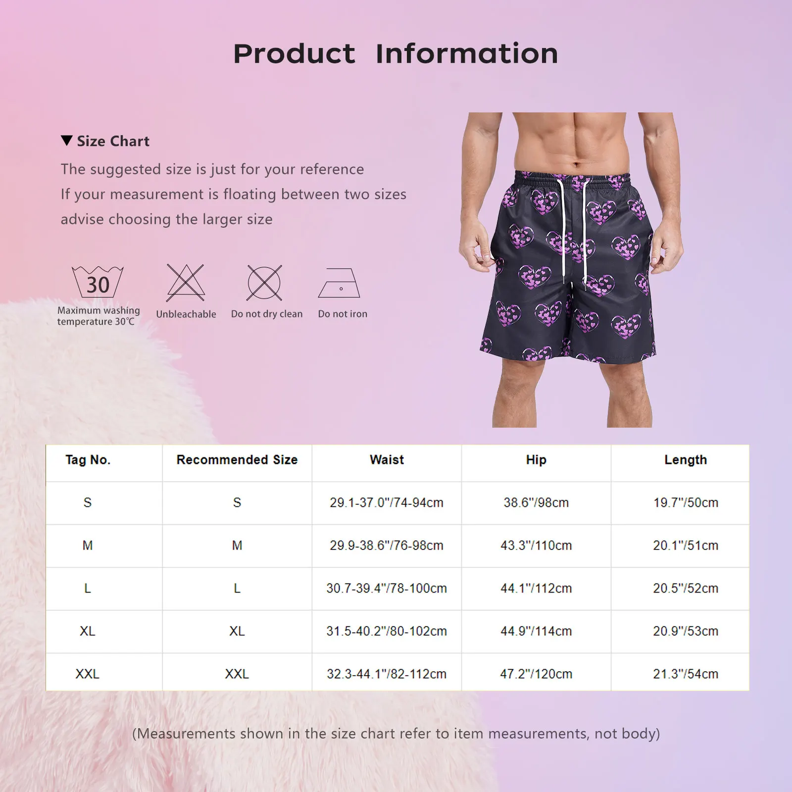 Men Heart Printed Shorts Hawaii Clothes Male Loose Short Pants Drawstring Elastic Waistband Trunks for Vacation Beach Pool Party