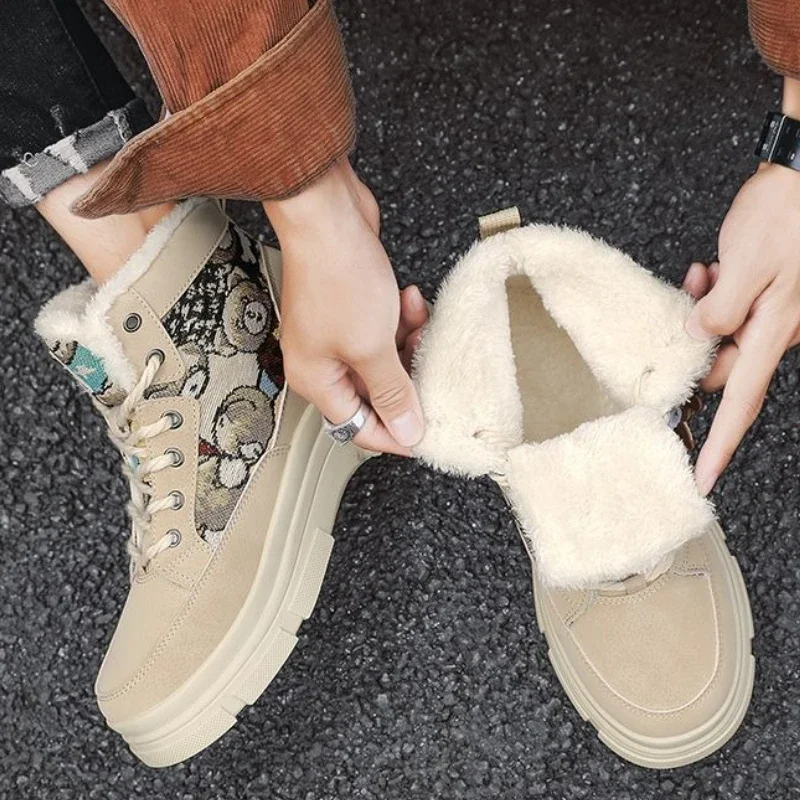 

2025 New Men Spring Winter High Top Youth Student Printed Cotton Work Boots Fleece Lined Thickened Warm Sports Casual Footwear