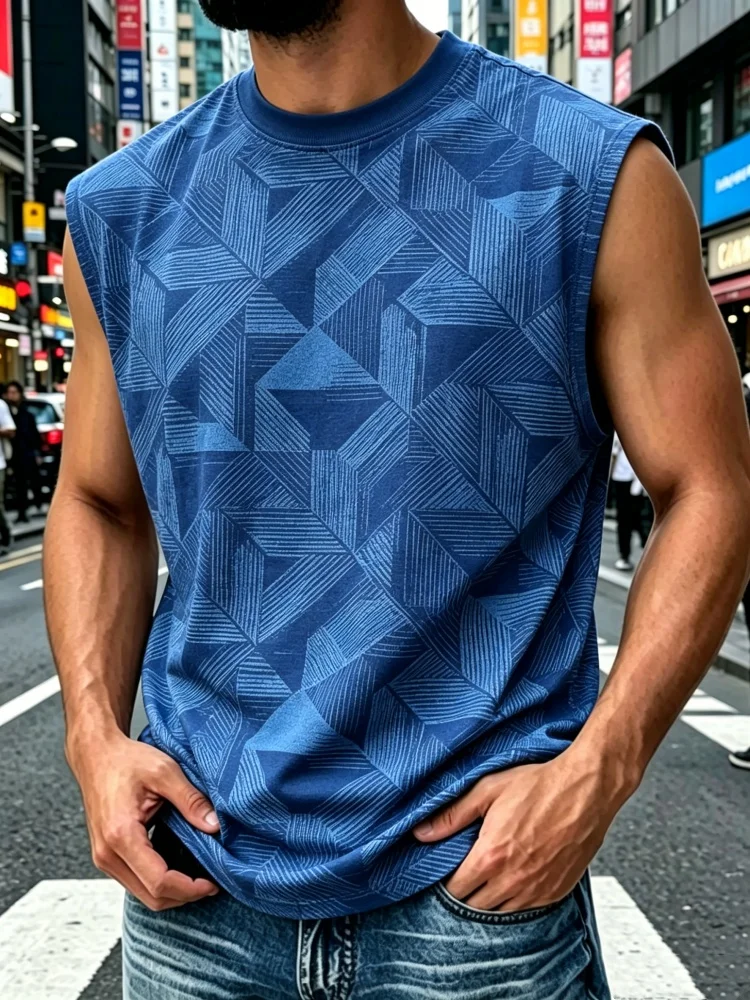 Plus Size Mens Geometric Triangle Allover Print Sleeveless Tank Top Crew Neck Business Casual Daily Summer Vest