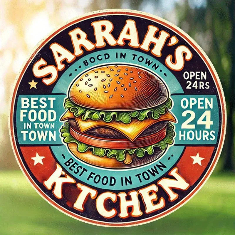 Letrero de pared de metal vintage "Best Food in Town - Sara", decoración redonda de cafetería de 8 pulgadas y 24 horas, arte del hierro duradero para el hogar, bar, regalo de San Valentín