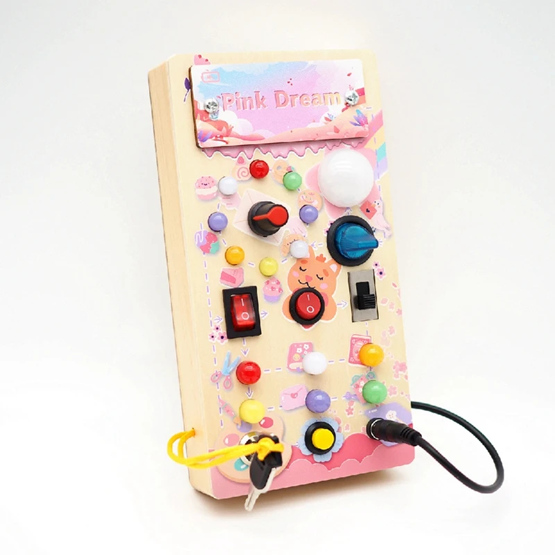 Busy Board, Wooden Busy Board With LED Light Switches, Sensory Toys Light Switch Toys Travel Toys Pink Dream Easy Install