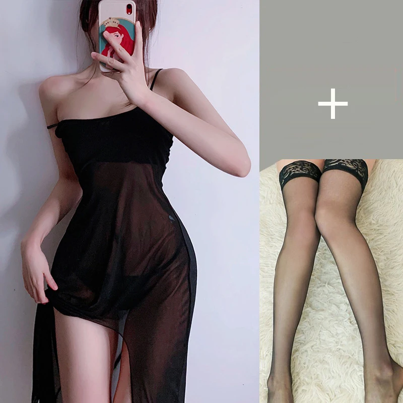 Sexy underwear sling mesh thin women sexy long dress transparent open back seductive night dress