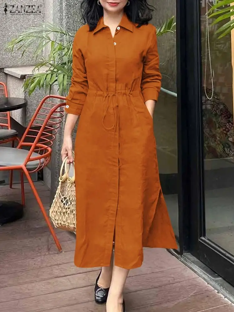 ZANZEA otoño elegante solapa cuello manga larga vestido camisero vestidos de mujer 2025 elegante sólido OL vestidos de trabajo botones Midi Up Robe
