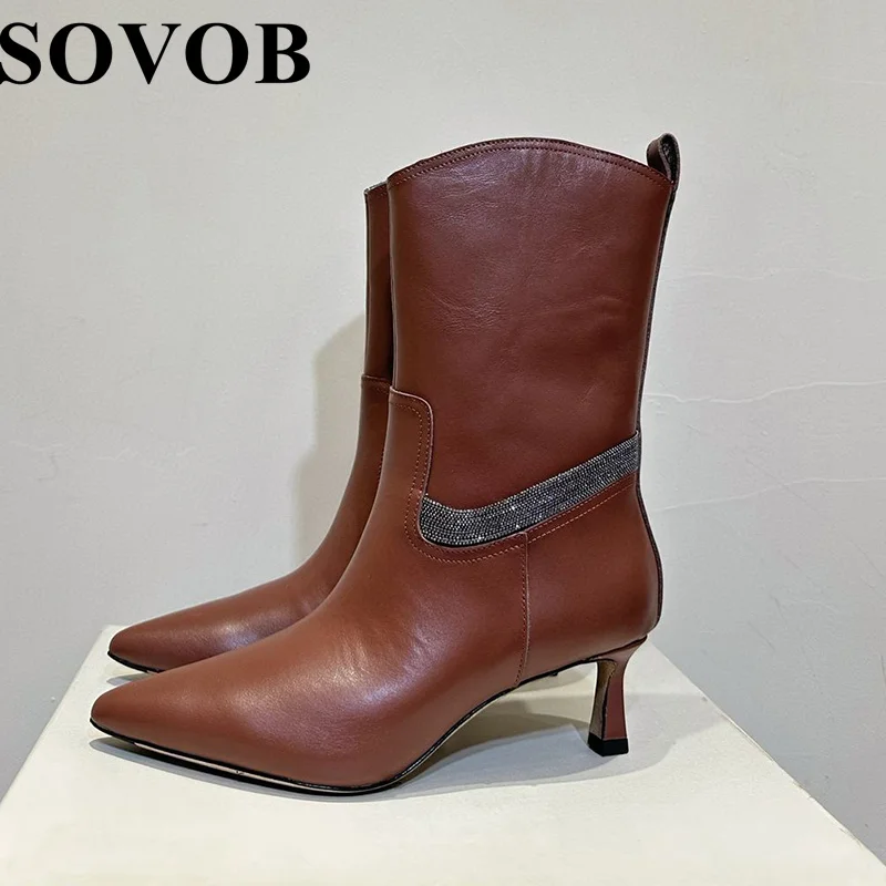 

New Spring Autumn Genuine Leather Bead Decoration Kitten Heel Mid Calf Boots Women's Pointed Toe British Style Modern Boots