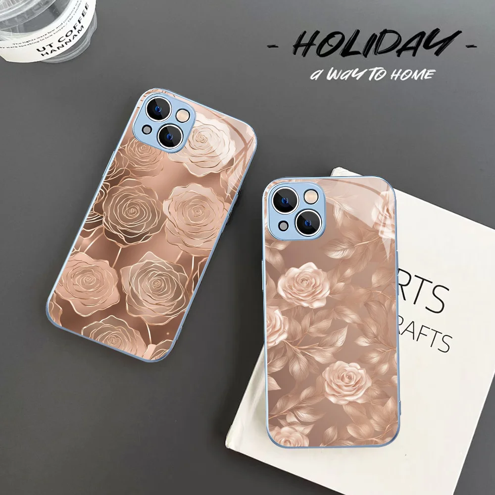 

Beautiful Gold Rose Phone Case Tempered Glass For Iphone 14 13 12 11 Pro Mini XS MAX 14Plus X XS XR Fundas