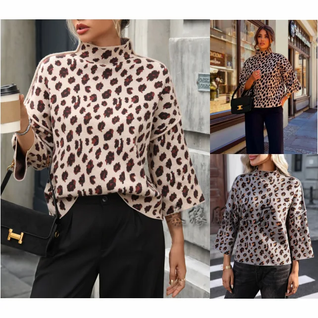 Fashion Leopard Women's Pullover 2026 Autumn Half Sleeve O-neck Loose Female Sweaters Street Casual Print Knitted Lady Tops