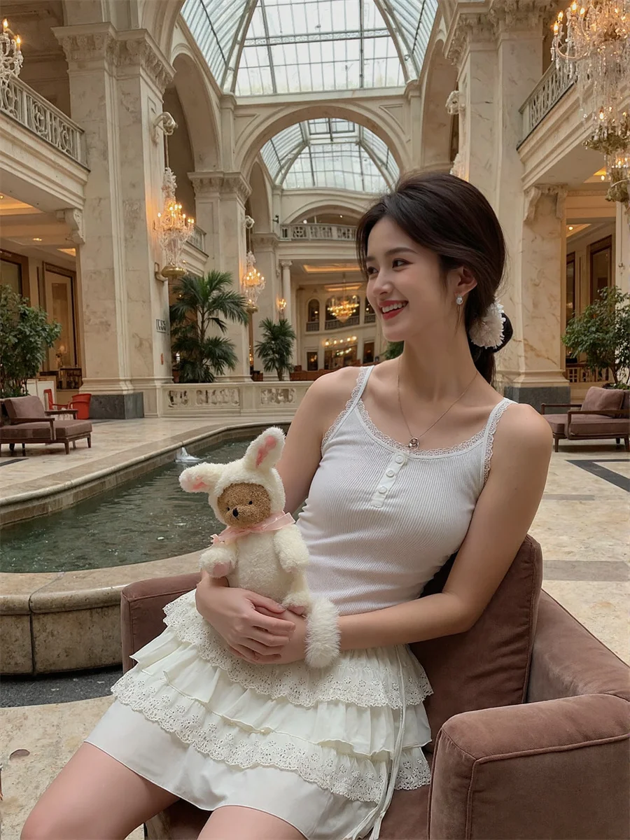 Lace Patchwork Sweet Skirts Womens Patchwork Mesh Layered Elegant Chic Ruffled Flowy Banquet Summer Fashionable Delicately Furry