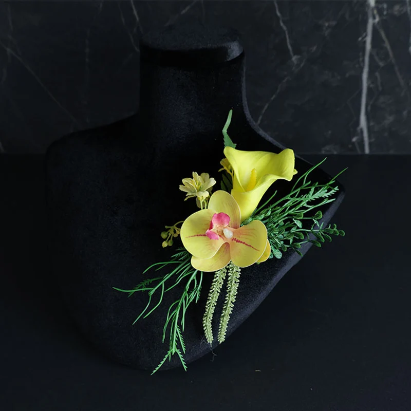 25021 Juego de pulsera y ramillete de flores rosas bohemias amarillas: perfecto para novias, padrinos de boda y decoraciones de boda