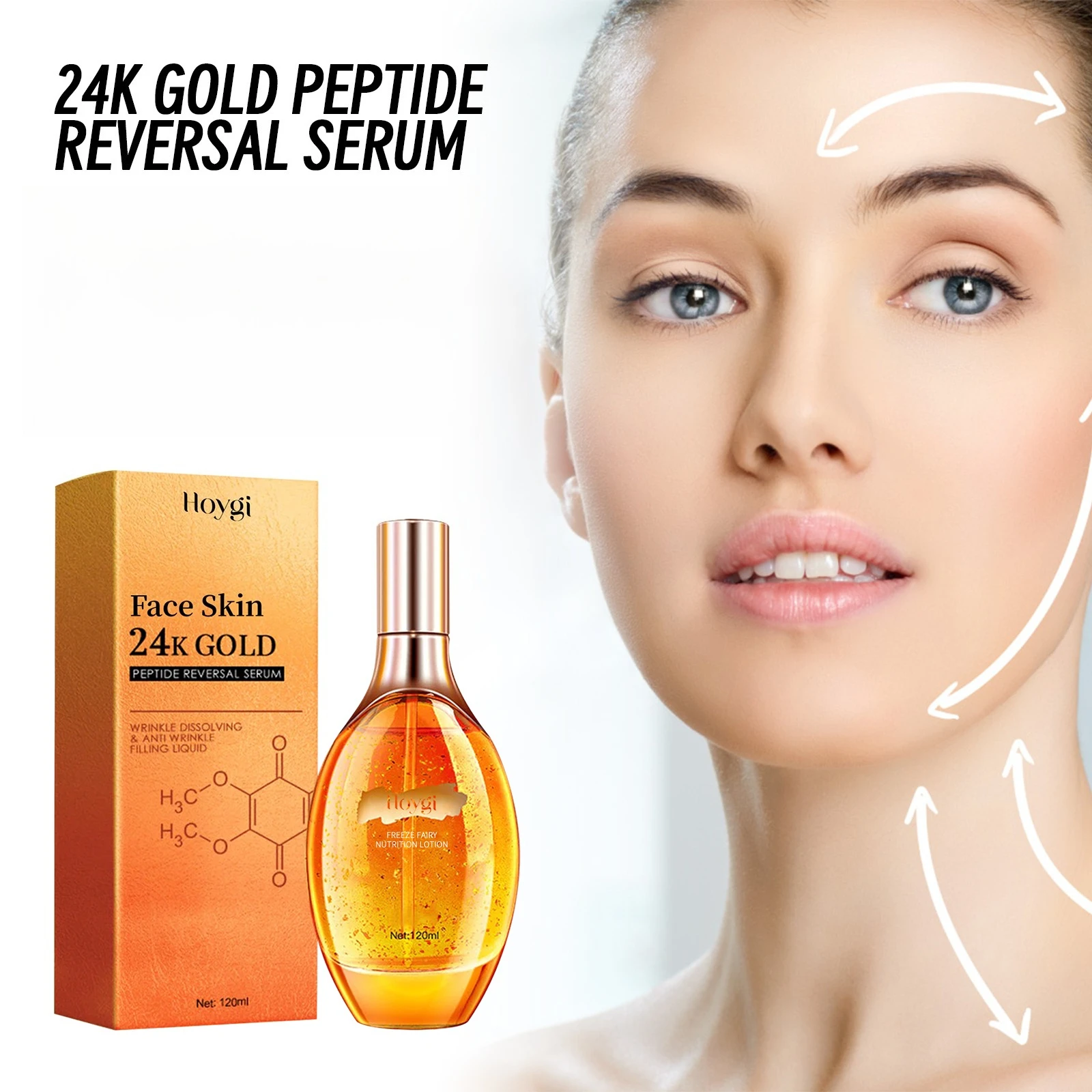 24K Gold Peptide Reversal Serum, Replenishment Moisturize Shrink Pore Brighten Skin Care Firming Facial Serum