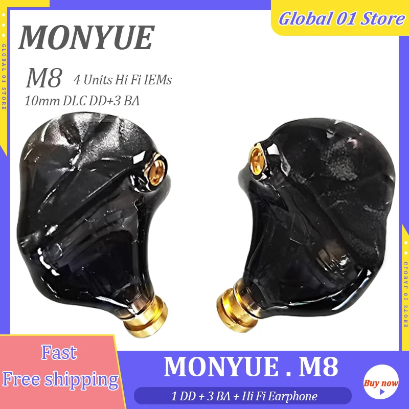 MONYUE M8 In ear Earphone 10mm DLC DD+3BA HiFi IEMs Dynamic + Balanced Armature Hybrid Drive Earbuds Single Crystal Copper Cable