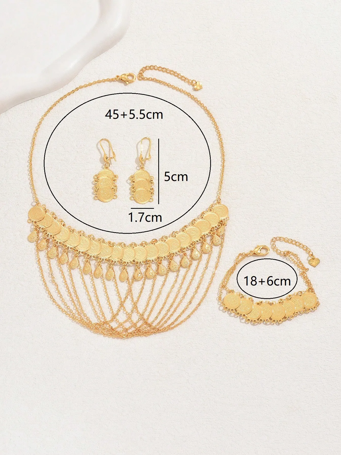 Ruixi Jewelry 18K Gold-plated 4 Piece Set Stylish Retro Tassel Necklace Coin Shaped Earrings for Ladies Bracelet Set Gift