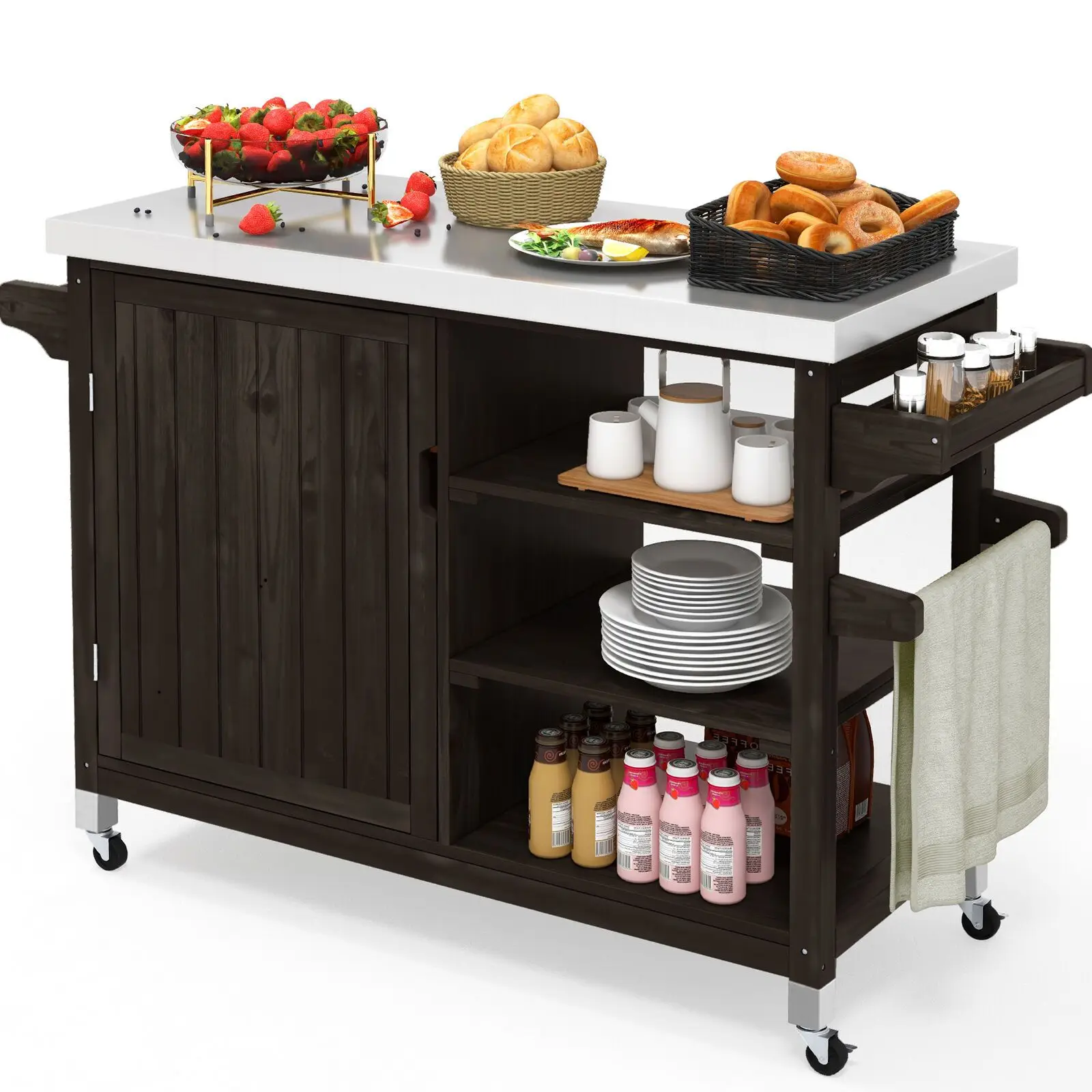 Solid Wood Outdoor Storage Cabinet Movable Grill Cart with Stainless Steel Top