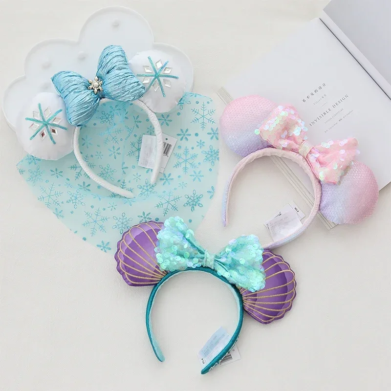 Disney Mermaid Ariel Princess Headband Mickey Mouse Ears Cosplay Big Sequin Bows Hairband Disneyland Fashion Headband Decoration