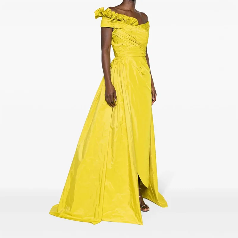 Elegant Lemon Yellow Off The Shoulder Evening Dress Asymmetric Taffeta Ruffles Prom Dress Customize Special Occasions 2024