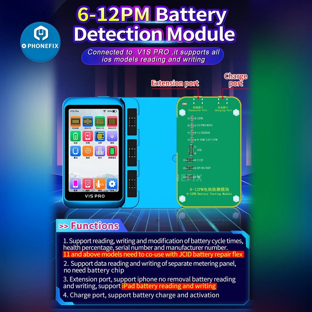 JC V1S Pro Battery Diagnostic Module for iPhone 6 7 8P X XSMAX 11 12 Pro Max Battery Life/Health/Capacity /Cycle Times Reset