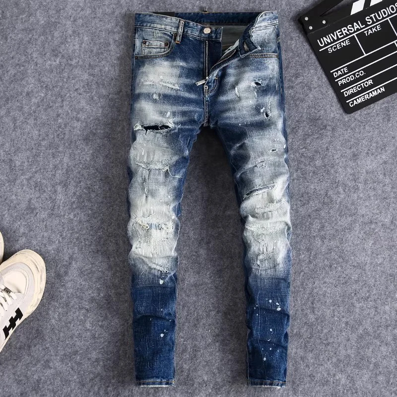 

Fashionable new men's jeans washed nostalgic elastic slim fit graffiti blue jeans high street hip-hop pants hombre