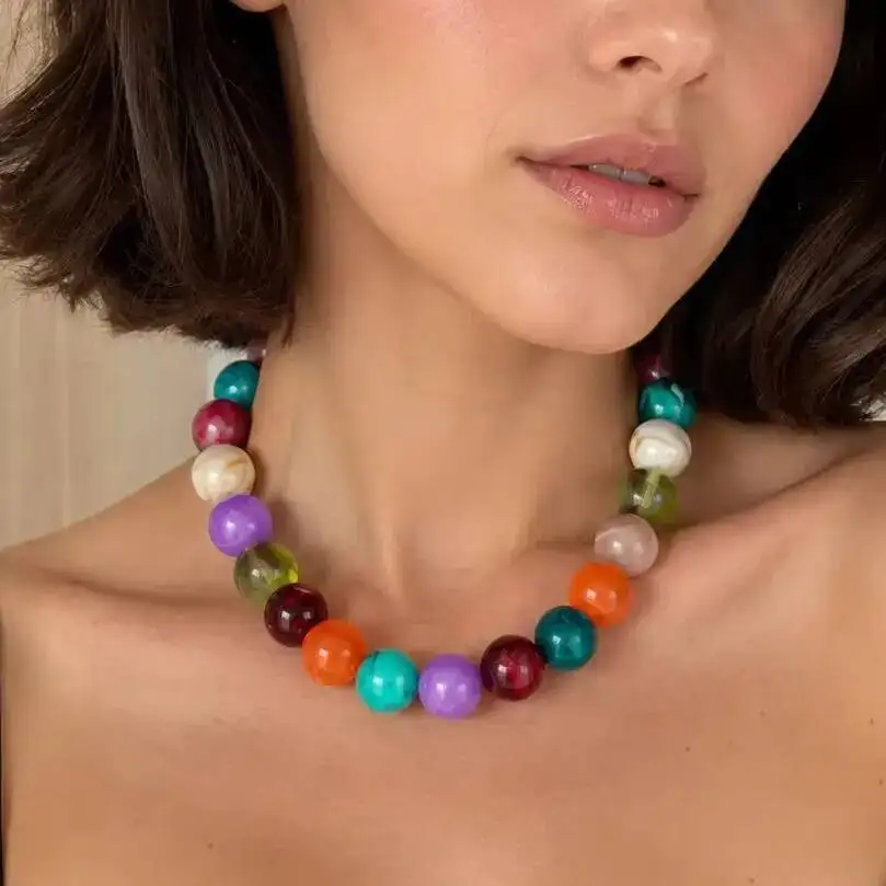 SHIXIN Boho Colorful Resin Beaded Choker Necklace Women Vintage 18K Gold Plated Stainless Steel Chain on the Neck Party Jewelry