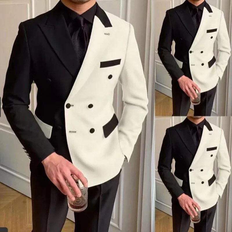 Elegant Black White Men Suit Slim Fit Peak Lapel Double Breasted 2 Piece Formal Groom Wedding Tuxedos Blazer+Pants Costume Homme