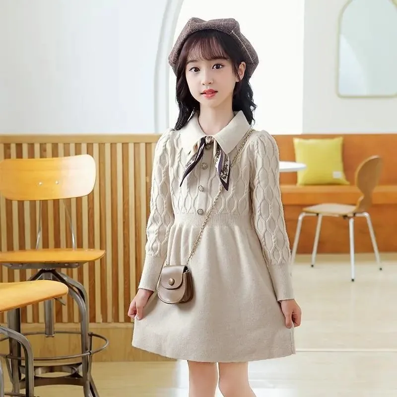 

Осень-зима 2024, новое стильное вязаное платье-свитер для школьников, вязаное платье для девочек