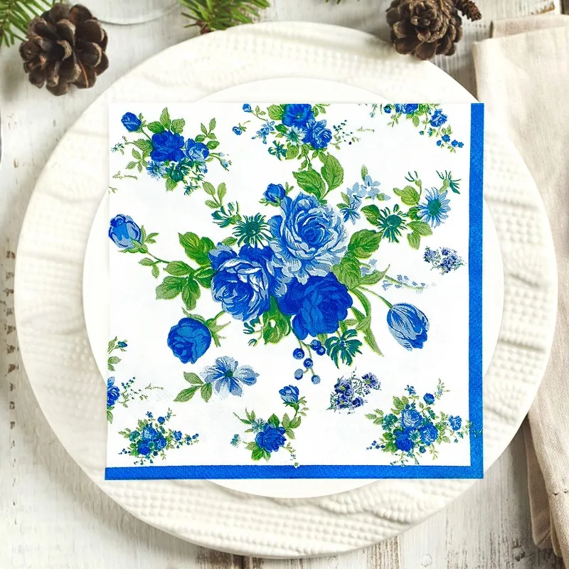 

10/20pcs/Pac 33*33cm DIY Dish Bone Bart Paper Blue Floral Print Party Decoration Paper Napkin Disposable Paper Placemat