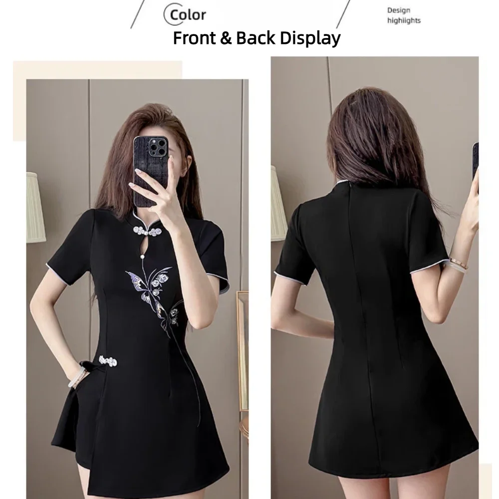 2026 New Chinese Style Embroidery Cheongsam Dress+Shorts 2 Piece Set Women Black White Slimming High Waist Sexy Summer Outfit