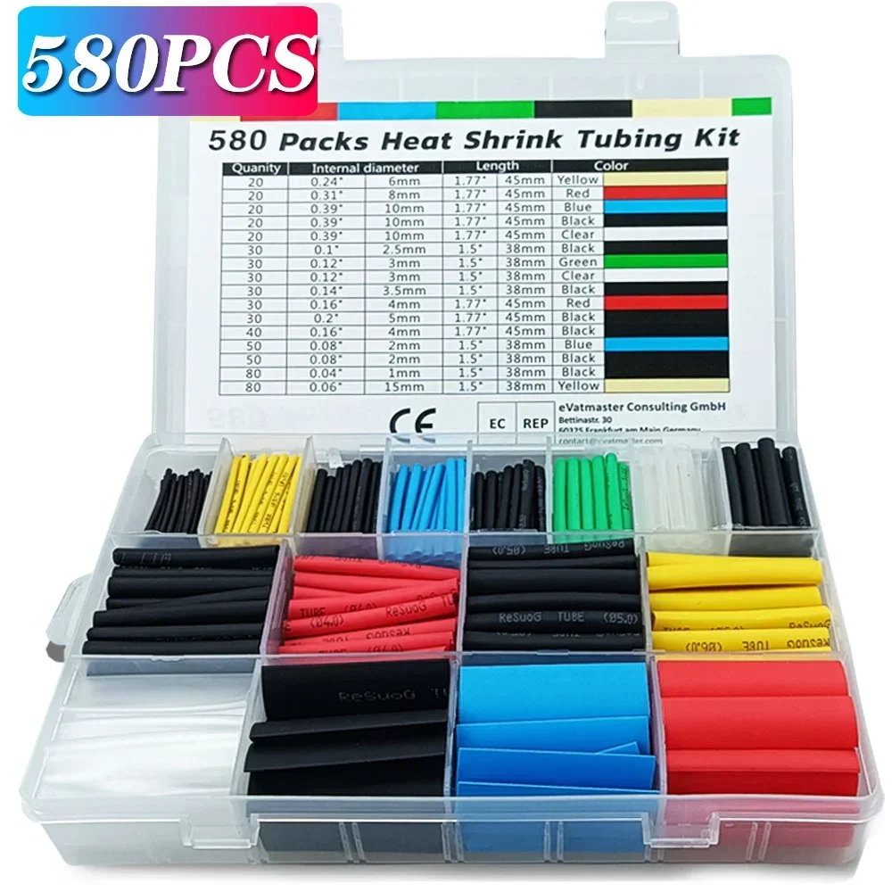 2:1 Shrinkable Wire Shrinking Wrap Tubing 580/530/127PCS Heat Shrink Tubing kit Wire Connect Cover Protection with Hot Air Gun