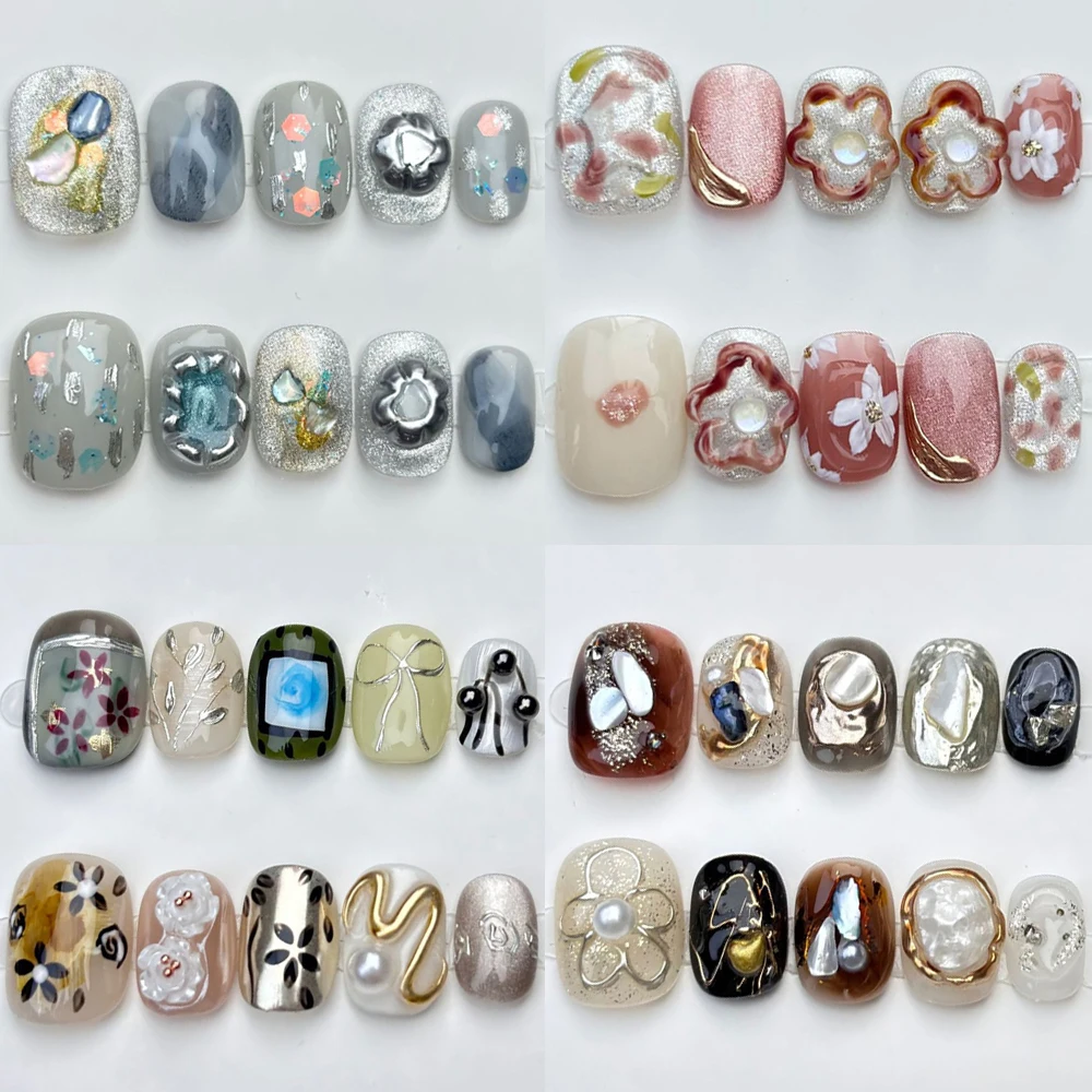 

Beautifu Light Luxury Short Artificial Press On Nails Spice Girl Rhinestone Flower Pearl Gradients Reusable Nail Party Stickers