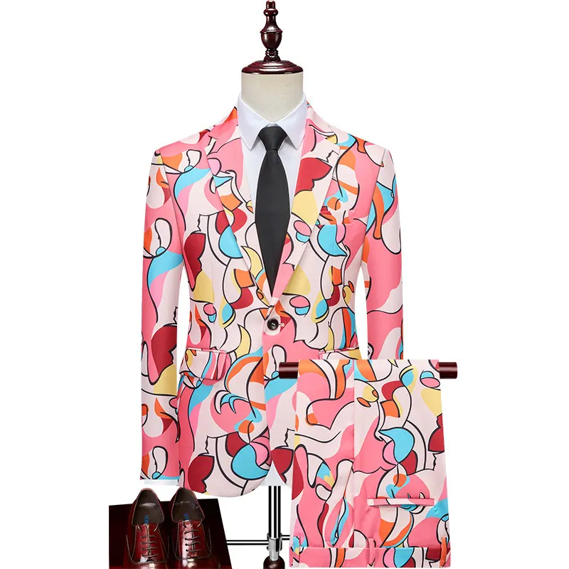 

Men's Slim Fit Suit Jacket Two-Piece Set Fashionable Stage Performance Team Clothing Floral Pattern Singer Outfit Youth Trend