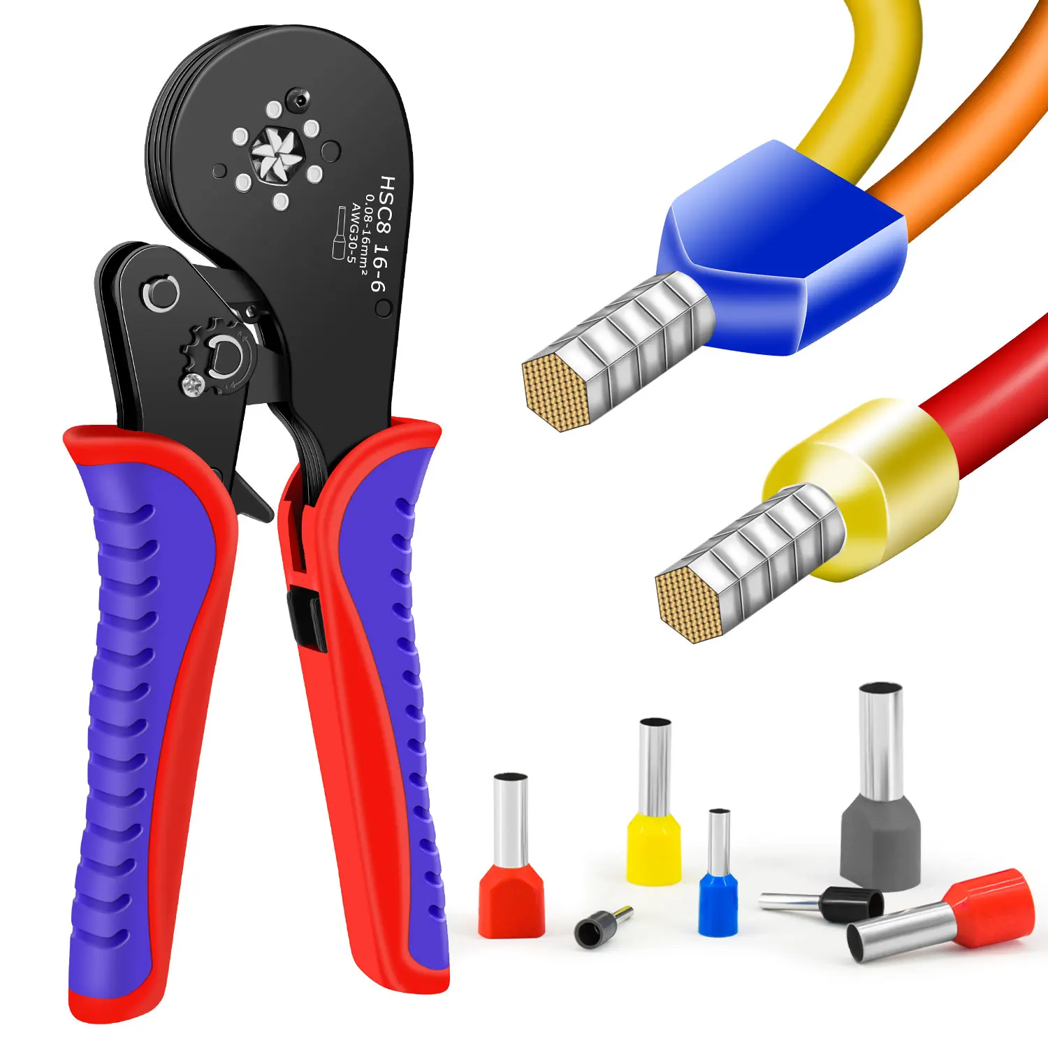 

HSC8 16-6 Pro Ferrule Crimping Tool AWG 30-5,Hexagonal Self-Adjusting Ratchet Crimper Plier End-Sleeves,Wire Ends Terimnals