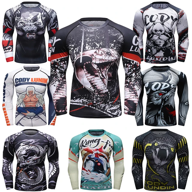 UPF 50+ Koszulki gimnastyczne z nadrukiem Długi rękaw Jiu jitsu Kompresja Rashguard Bjj T Shirt Koszulka bokserska Mężczyźni Ćwiczenia Bodybuild Bluzka