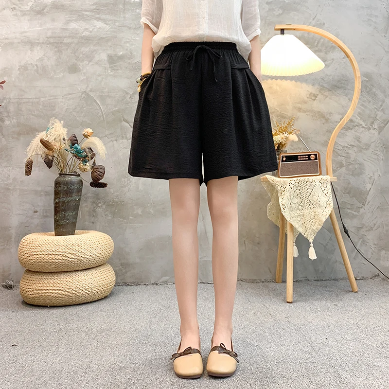 شورت نسائي من الحرير الجليدي بخصر مرتفع ، خصر مرن ، ساق واسعة ، صيف ، ثنى ، كاجوال ، فضفاض ، ناعم ، مقاس كبير