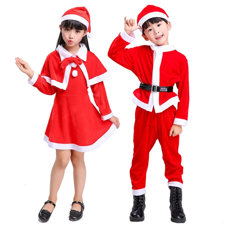 2025Christmas Children Costumes Boy Girl Santa Cosplay Clothes Set Classic Fashion Red Outfits Baby Toddler Kids Xmas Suit Wear